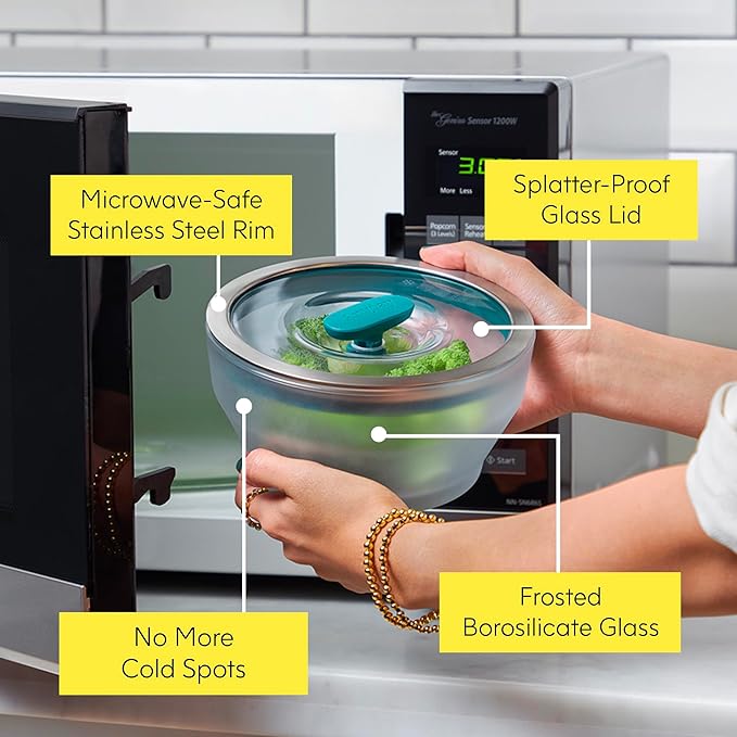 Anyday 2-Pack (2-Cup) Glass Food Storage Set with Glass Lids | Plastic-Free Frosted Meal Prep Bowls | Stackable Airtight Storage Container Set with Vented Silicone Lid for Microwave-Safe Reheating