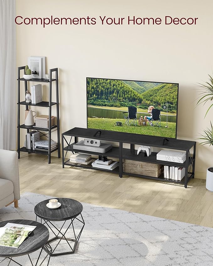 VASAGLE TV Stand, TV Console for TVs Up to 75 Inches, TV Table, 70.1 Inches Width, TV Cabinet with Storage Shelves, Steel Frame, for Living Room, Bedroom, Black with Wood Grain ULTV096B22