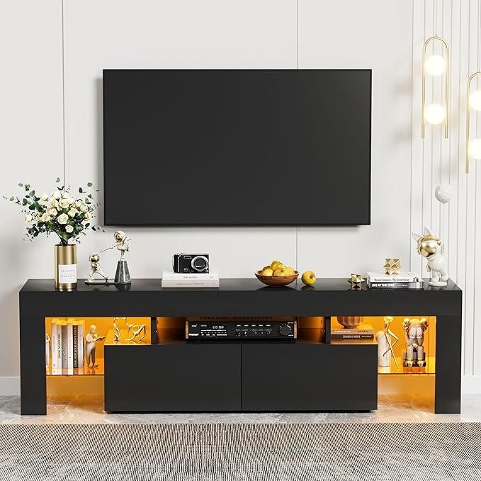 YESHOMY Modern LED TV Stand for Televisions up to 70 Inch with Glass Shelves and Drawer, Gaming Entertainment Center with Multiple Dynamic RGB Modes, for Livingroom, Bedroom, 60 Inch, Black