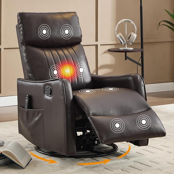 Manual Swivel Rocker Recliner Chair for Adults, Overstuffed Recliner Glider with Massage and Heat, Living Room Reclining Chair, PU Leather Dark Brown