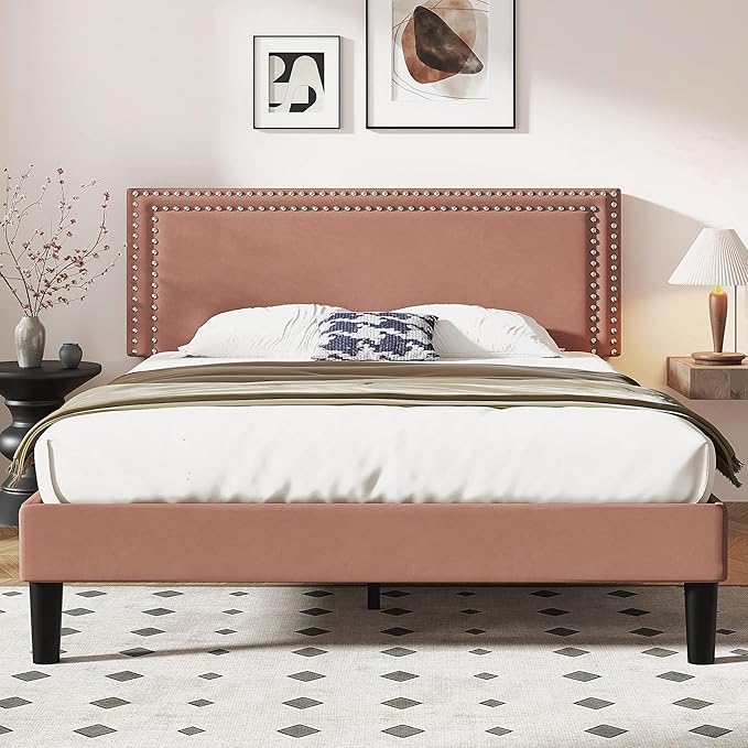 VECELO Full Size Bed Frame with Adjustable Upholstered Headboard, Wooden Slats Platform, Noise-Free Design, No Box Spring Needed, Easy Assembly