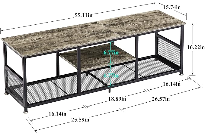 VECELO Industrial TV Stand for Televisions up to 65 Inch, 55" Entertainment Center with Open Storage Shelves for Living Room/Bedroom, 3 Tiers Media Console Table with Metal Frame, Grey, 55 Inches