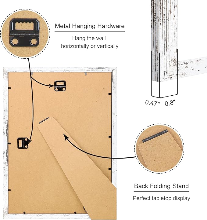 10x14 Picture Frame Set of 4, 10 x 14 Wood Photo Frames with Mat for 8x12 or 30x40cm Diamond Painting Art, Wooden Frame with Real Glass Cover for Wall and Tabletop Display,Distressed White