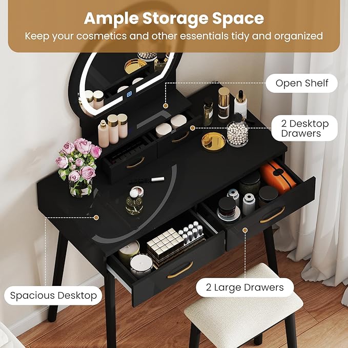 CHARMAID Vanity Desk with Mirror and Lights, Modern Makeup Vanity Table with 4 Drawers, 3-Color Dimmable LED Mirror, Girls Dressing Table and Stool Set for Small Bedroom (Black)