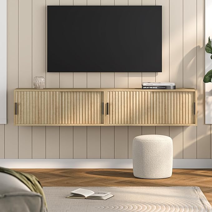Fluted Floating TV Stand Set of 2, 30" Multi-Purpose Modern TV Display Shelf Console Entertainment Center Cabinet with Sliding Doors for Bedroom Living Room Entryway, Light Oak