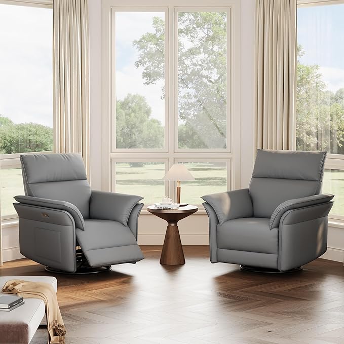 GarveeHome Power Recliner Chair Swivel Glider Upholstered Faux Leather Nursery Rocker Reclining Sofa Chair with Charging Port, Curved Armrests & Padded Backrest (Gray)