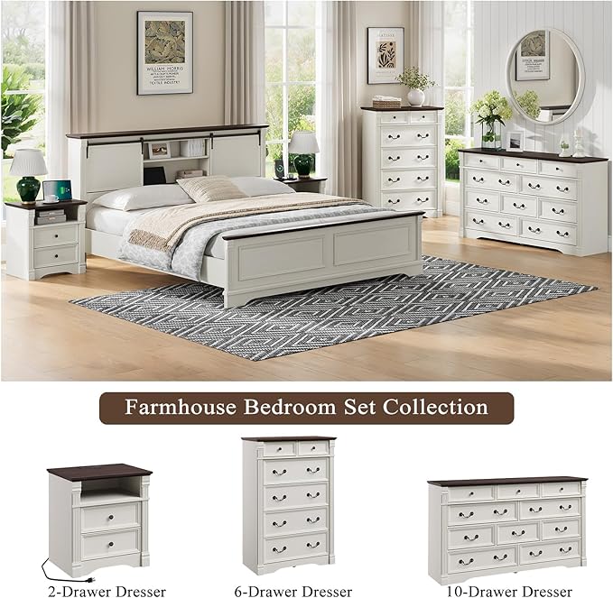 Yaamizz Farmhouse Dresser for Bedroom, 60" Wide 10 Drawer Dresser Storage with Wood Pilasters & Metal Handles, Vintage Design, Drawer Organizer for Bedroom, Hallway, White