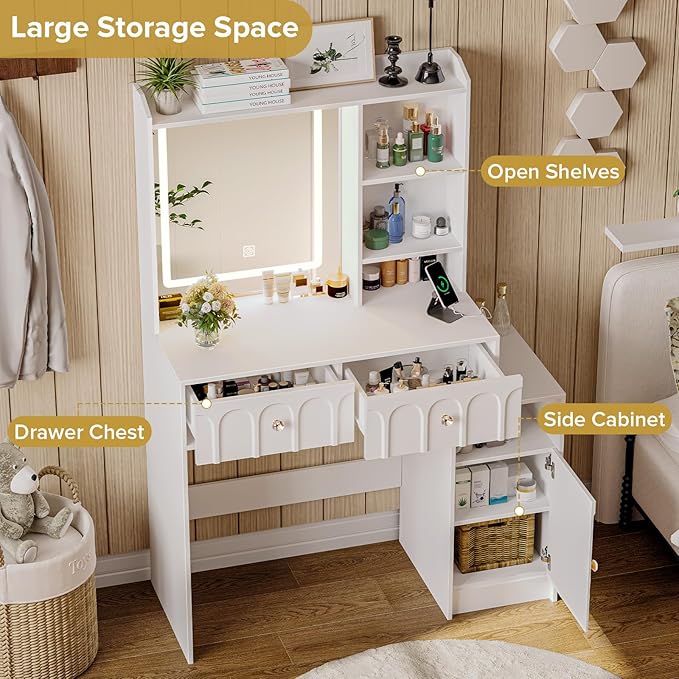 Vanity Desk with Mirror and Lights, Makeup Desk with 2 Drawers & Adjustable Shelves, Dressing Table with Charging Station for Bedroom. 3 Adjustable Light Modes