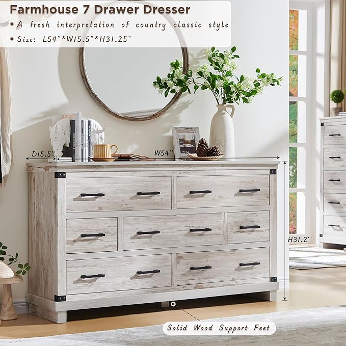 Farmhouse 7 Drawers Dresser for Bedroom, Wood Large Chest of Drawers with Thick Plank Styling, Rustic Closet Dresser for Bedroom, Living Room, Antique Brush White