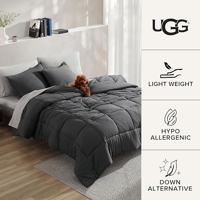 UGG Leonora Comforter Set with 2 Pillow Shams Lightweight Down Alternative Blanket Reversible Cozy Warm All Season Washable and Hypoallergenic Bedding Set, Full/Queen, Charcoal Grey