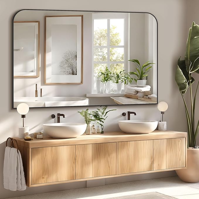 Bathroom Mirror, Wall Mirrors, Black Metal Framed Wall-Mounted Mirrors, Bathroom Vanity Mirror for Over Sink, Living Room, Bedroom, Entryway, 48x32 Inch, Black