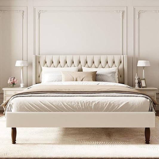 King Size Velvet Upholstered Bed Frame, 49.2" Tall Wingback Headboard, Deep Button Tufted, No Box Spring Needed, Solid Wood Legs, White
