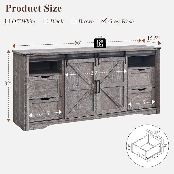 Farmhouse TV Stand for 75+ Inch TV, 32" Tall Entertainment Center w/4 Drawers & Sliding Barn Door, Rustic Media Console w/Storage Shelves, 66" Wood Television Stand for Living Room, Grey Wash