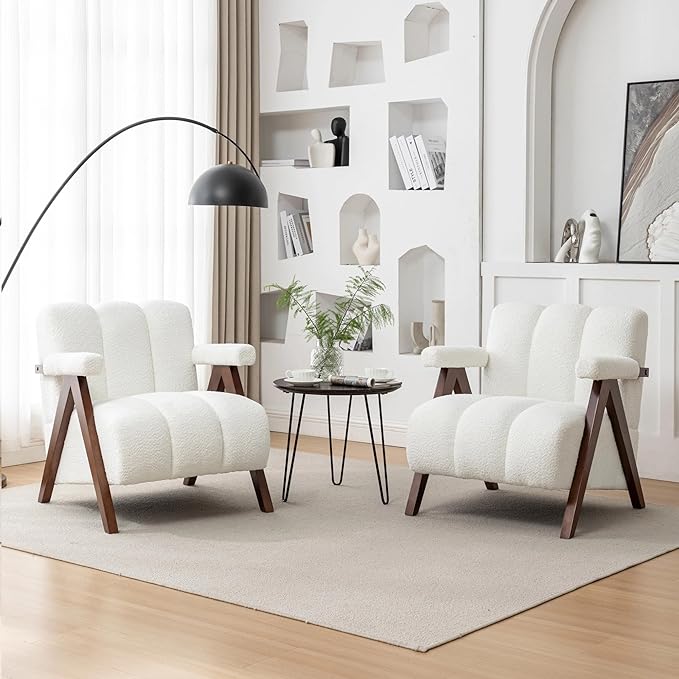 Mid Century Modern Accent Chairs Set of 2 with Solid Wood Frame, Boucle Upholstered Living Room Chairs with Thick Cushion, Comfy Tufted Arm Chair for Bedroom, Ivory