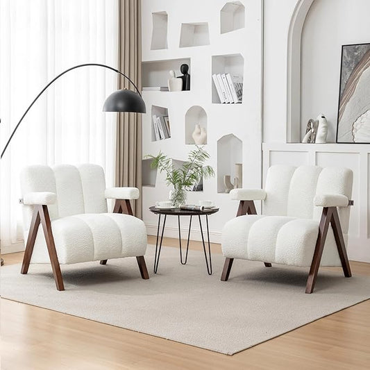 Mid Century Modern Accent Chairs Set of 2 with Solid Wood Frame, Boucle Upholstered Living Room Chairs with Thick Cushion, Comfy Tufted Arm Chair for Bedroom, Ivory