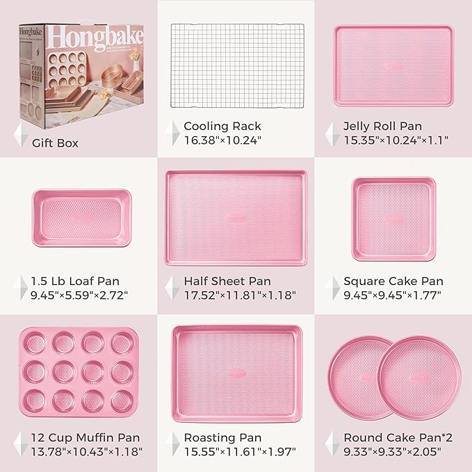 HONGBAKE 9-Piece Baking Pans Set Nonstick, Stackable Non Toxic Bakeware Sets with Diamond Texture, Oven Pan Set for Cooking, Includes Cookie Sheet with Rack, Cake Pan, Roasting Pan, Muffin Tin, Pink