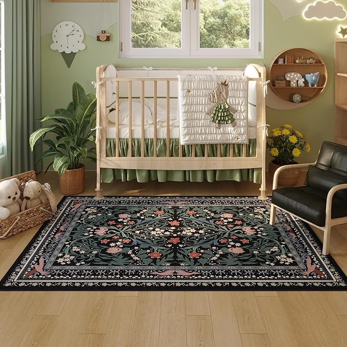 Bedroom Rug 3x5 Rug Washable Area Rug Non Slip Low Pile Vintage Floral Botanical Small Carpet for Bedroom, Bedside, Kitchen, Entryway, Kids Room, Office, Black