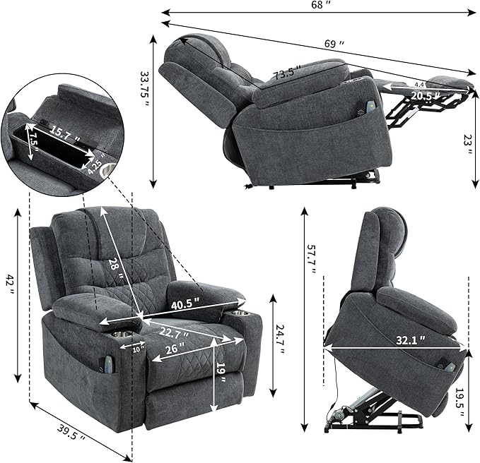 Infinite Position Lay Flat Lift Chairs Recliners for Elderly, Oversized Power Lift Heavy Duty Wide Recliner Chair 400lb, Extended Foot Rest, Armrest Storage, Cup Holders for Big Tall Man