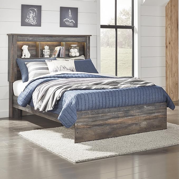 Signature Design by Ashley Drystan Rustic Full Bookcase Bed with Open Cubbies and LED Lights, Foundation or Box Spring Needed, Dark Brown & Gray