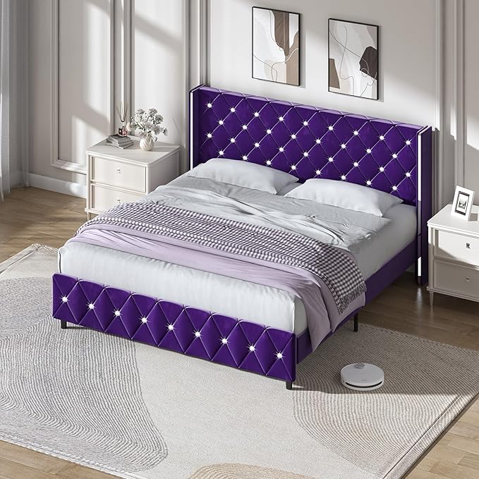 HOMBCK King Bed Frame with Headboard, Upholstered Platform Bed with Wingback Design, Modern Diamond Bed Frame with Tufted Deep Button, No Box Spring Needed, Easy Assembly, Purple