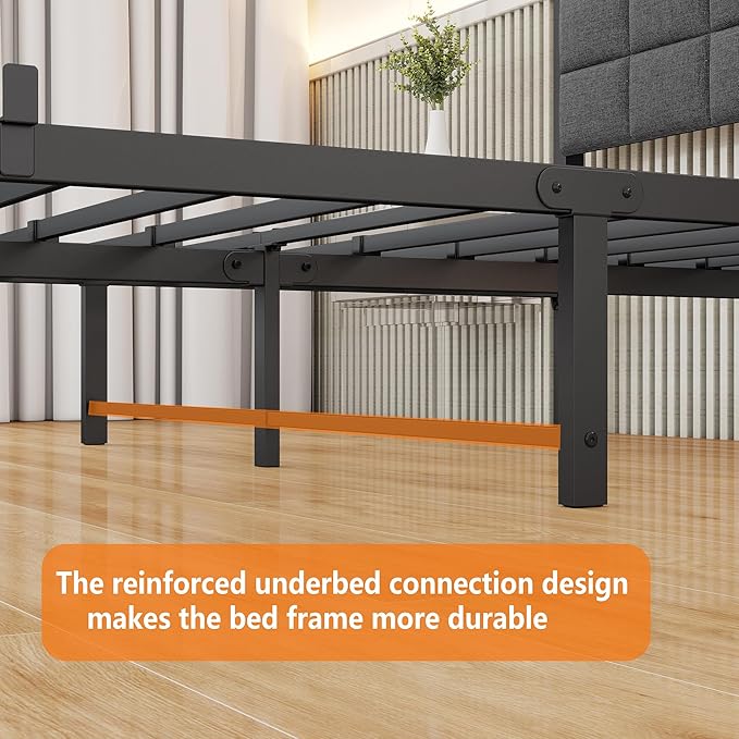 Queen Size Bed Frame with Headboard,Upholstered Bed Frame Queen,Platform Bed Frame with Heavy Duty Metal Slat Support/Queen BedFrame No Box Spring Needed/Under Bed Storage/Easy Assembly,Grey