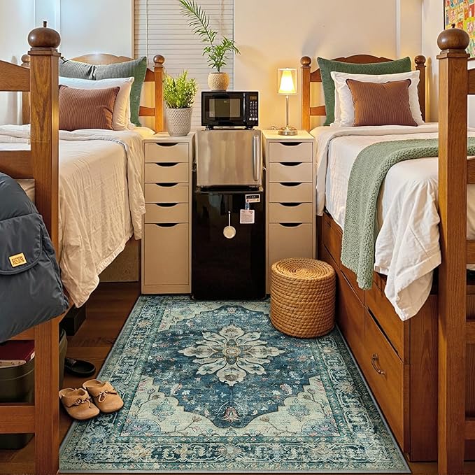 Area Rugs 5'x7' Washable Non-Slip, Floral Vintage Distress Print Pattern Medallion Carpet for Living Room Bedroom Dining Room, Dark Blue Vintage