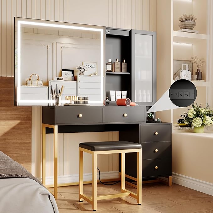 Black Makeup Vanity Desk with Sliding Mirror and LED Lights,Power Outlet&Vanity Stool for Makeup Table,Makeup Organizer Countertop with Cabinets&5 Storage Drawers