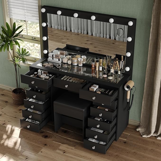 13 Drawers Vanity Desk, 47''W Makeup Vanity with Power Outlet, Vanity Table with Mirror and 12 LED Bulbs, 3 Color Lighting Modes, Glass Top, Dressing Table for Bedroom (Black)