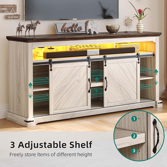 YITAHOME TV Stand for 75 Inch TV with Power Outlets, LED TV Stands Farmhouse Entertainment Center TV Media Console with Sliding Barn Doors for Living Room, Off White & Walnut Grain