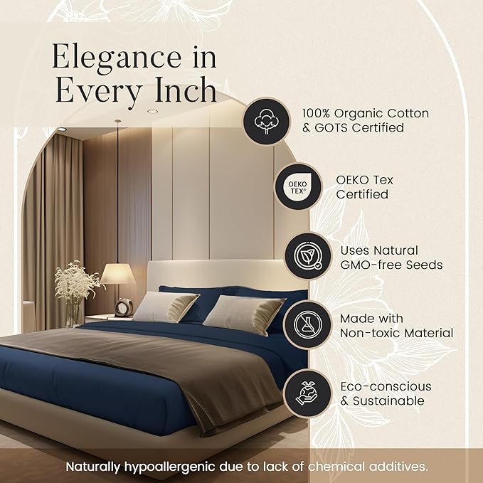 100% Organic Cotton Sheets Queen Size Set, 300 TC Deep Pocket Queen Sheets Set, Soft Breathable Sateen Weave 4 PC Elasticated Sheet & Pillowcase Sets, No Pill & Shrink, Fade Resistant- navy