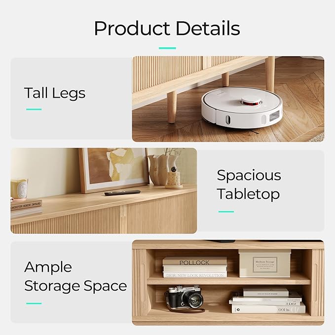 LINSY HOME TV Stand for 65" TV, Mid-Century Modern 58" Entertainment Center with Sliding Tambour Door and Storage Cabinet, Cruved TV Media Console Table for Living Room, Bedroom, Oak