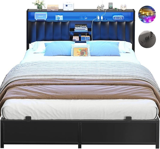Aheaplus Queen Size Bed Frame with Charging Station & Led Lights, Platform Bed with Leather Upholstered Headboard and Storage, Metal Slats Support No Box Spring Needed, Noise-Free, B6, Black