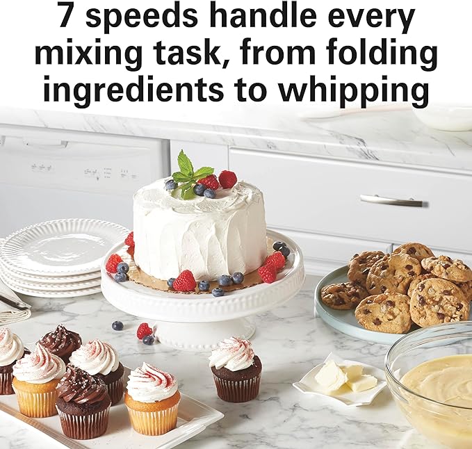 Hamilton Beach Electric Stand Mixer, 4 Quarts, Dough Hook, Flat Beater Attachments, Splash Guard 7 Speeds with Whisk, Black