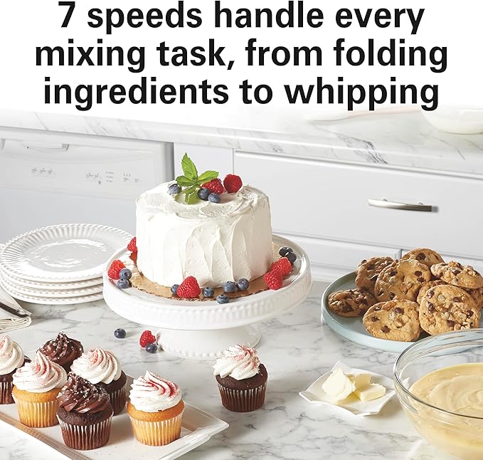 Hamilton Beach Electric Stand Mixer, 4 Quarts, Dough Hook, Flat Beater Attachments, Splash Guard 7 Speeds with Whisk, Rose