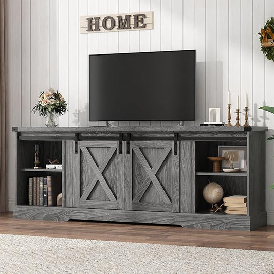 Farmhouse TV Stand for 70/75/80 Inch TV, Entertainment Center Storage Cabinets with Sliding Barn Doors, Media Console Cabinet for Living Room, Grey