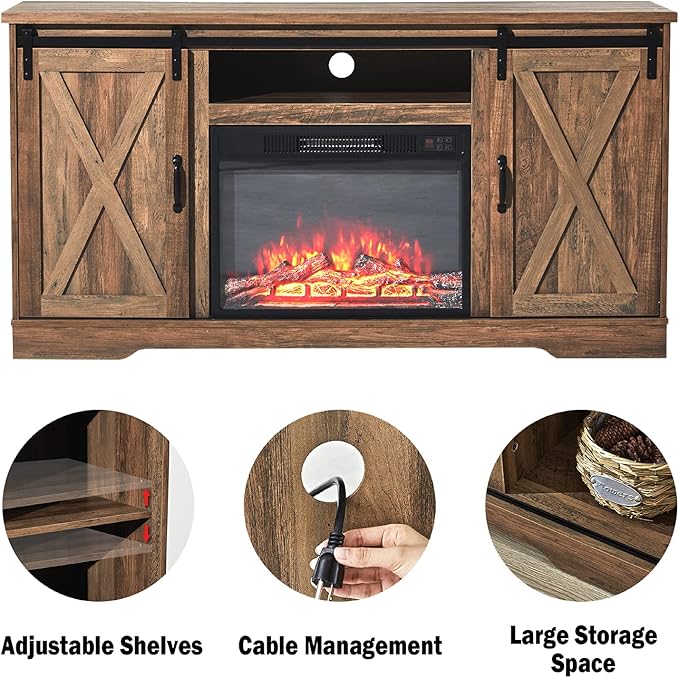 Amerlife Fireplace TV Stand with Sliding Barn Door for TVs up to 65", Farmhouse 59" Fireplace Entertainment Center with Storage Cabinets/Adjustable Shelves, Barnwood