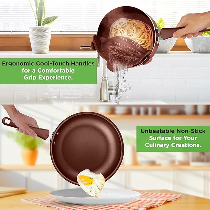 20-Piece Nonstick Kitchen Cookware Set - PTFE/PFOA/PFOS-Free Heat Resistant Silicone Handles Cookware Bakeware Pan Set w/Saucepan, Frying Pans, Cooking Pots, Oven Pot, Lids, Utensil, Brown- NCCW20SBR