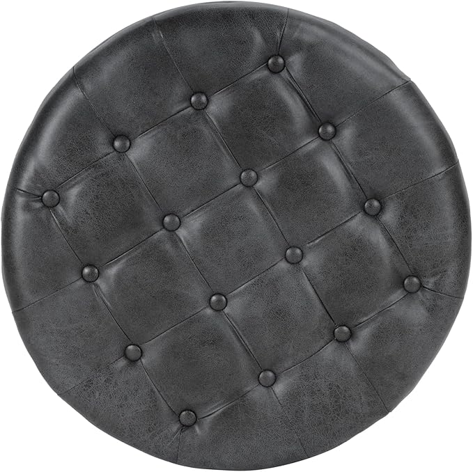 Homepop Home Decor |Button Tufted Faux Leather Round Storage Ottoman | Ottoman with Storage for Living Room & Bedroom (Gray)