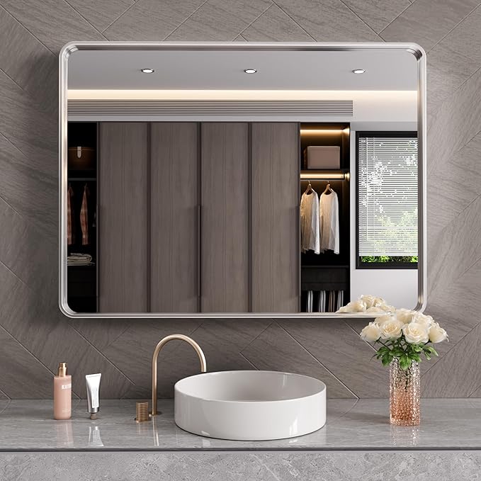 Brushed Nickel Bathroom Mirror 48x40 Inch, Brushed Silver Metal Frame Mirror Wall Mounted, Rounded Rectangle Bathroom Vanity Mirror, Tempered Glass, Anti-Rust, Horizontal/Vertical