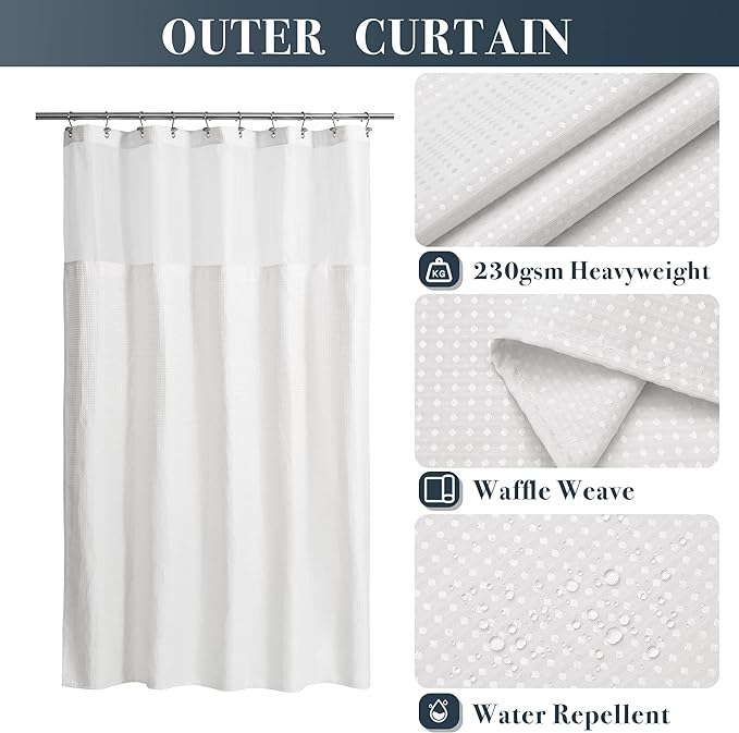 N&Y HOME Stall Waffle Shower Curtain with Snap-in Fabric Liner & Hooks Set - 54" x 78" Shower Stall Size, Hotel Style & Mesh Top Window, Machine Washable - 54x78, White