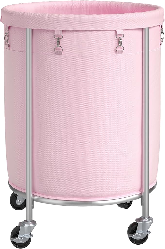 ELYKEN Laundry Basket with Wheels, 170L Rolling Laundry Hamper with Removable Bag and Steel Frame, Round Laundry Cart with 4 Casters and 2 Brakes, Ideal for Bedroom, Bathroom, Laundry Room, Pink