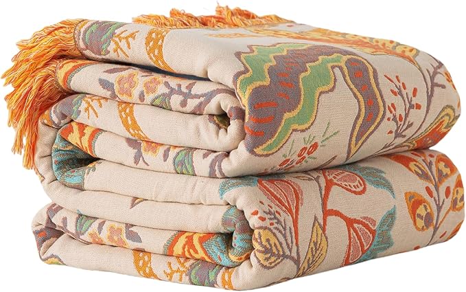 Boho Throw Blanket for Bed-100% Cotton Soft Breathable Farmhouse Decor Boho Quilt for Sofa (Boho Flowers, 80"x90")