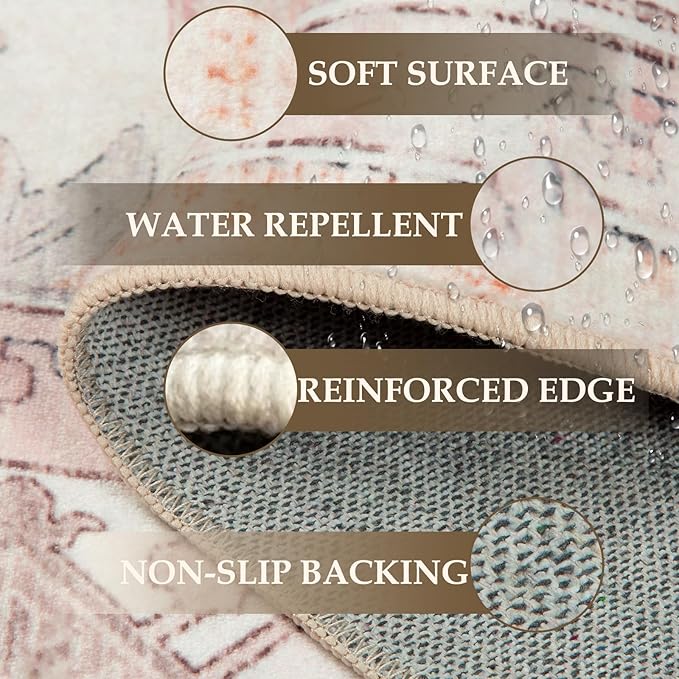 Area Rugs 2'x8' Washable Non-Slip, Floral Vintage Distress Print Pattern Medallion Carpet for Living Room Bedroom Dining Room, Pink Greypink Cute