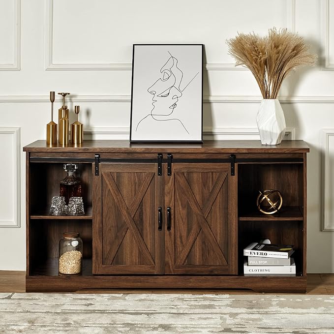 AMERLIFE Fireplace TV Stand with Sliding Barn Door for TVs up to 65", Farmhouse 59" Fireplace Entertainment Center with Storage Cabinets/Adjustable Shelves, Dark Walnut