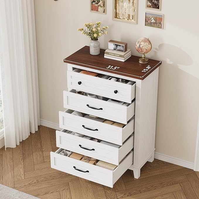 GarveeHome 5 Dresser for Bedroom, 41.3" Tall Vertical Drawer Dresser with Large Storage, Freestanding Wooden Closet Chest for Bedroom, Living Room, White + Brown