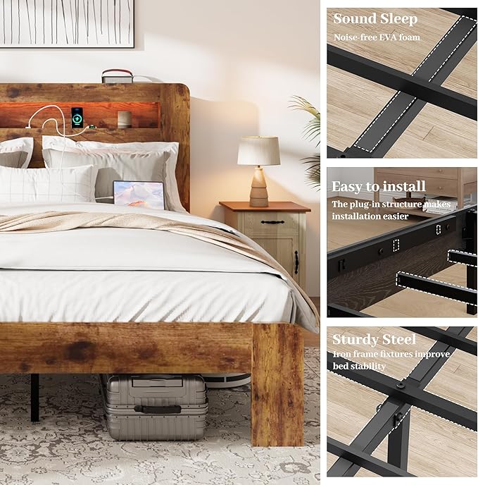 Wood King Size Bed Frame with Headboard, Farmhouse Platform Bed Frame with Bookcase Shelf,LED Lights,Charging Station,Heavy Duty Supports,No Box Spring Needed,Dark Brown