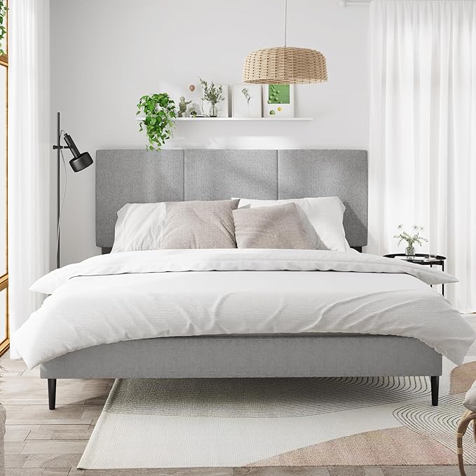 Queen Size Bed Frame with Headboard, Vertical Channel Fabric Heavy Duty Queen Platform Bed Frame, No Springs Required, Easy to Assemble, Grey