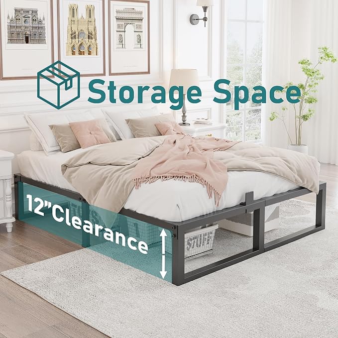 Full Size Bed Frame, 14 Inch Heavy Duty Support 3500 lbs Metal Platform, No Box Spring Needed/Noise Free/Non-Slip/Steel Slat Support/Easy Assembly