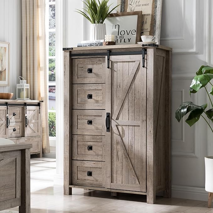 T4TREAM 5 Drawers Dresser for Bedroom w/Sliding Barn Door, Farmhouse Modern Tall Dresser 5 Chest of Drawers, Storage Organizer for Bedroom, Hallway, Living Room, Kids Room, Light Rustic Oak