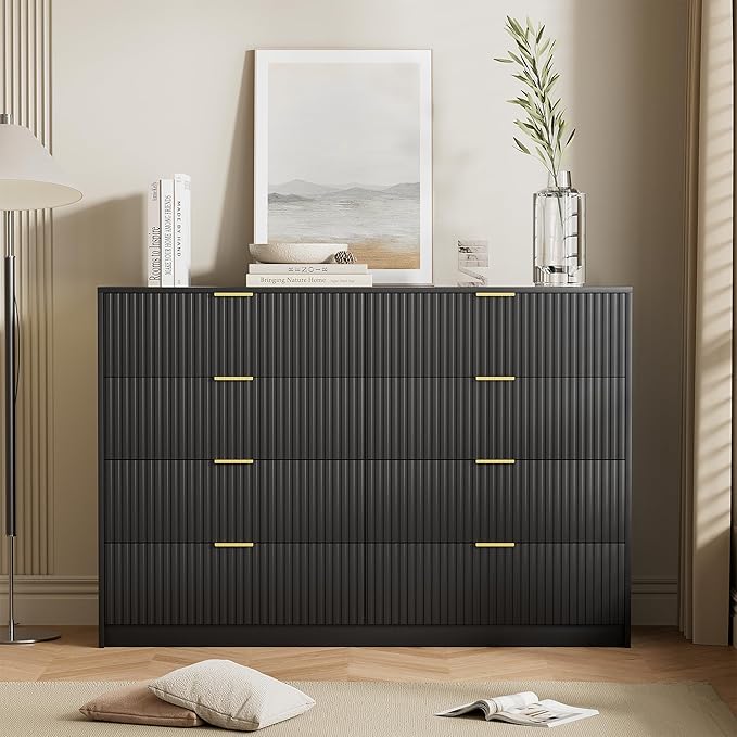 Black Dresser for Bedroom, Modern Dresser with 8 Drawers and Smooth Slides, Wide Chest of Drawers with Golden Handles for Bedroom, Closet, 15.7" D x 55" W x 37.4" H